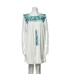 Mi Golondrina Flores Short Dress in White Turquoise XS